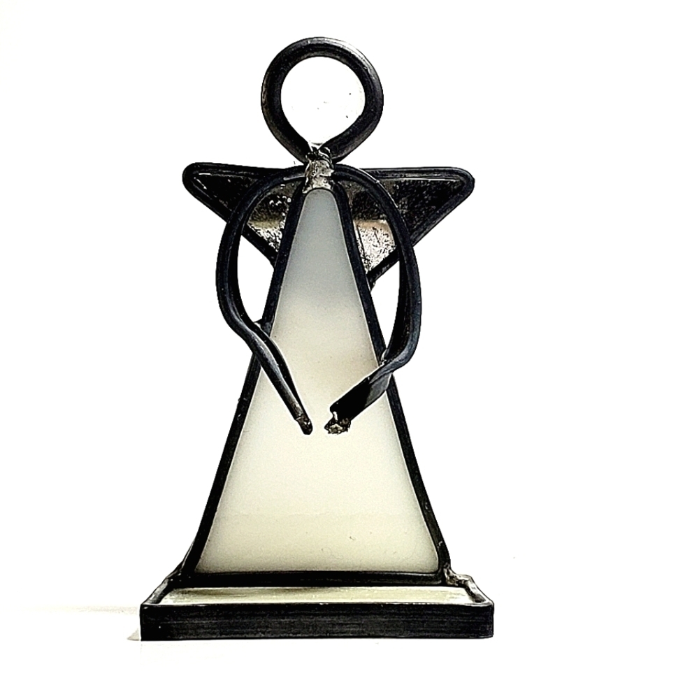 Stained Glass Guardian Angel White Candle | Votive Holder with Mirror Wings